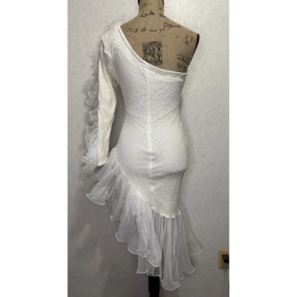 One Shoulder Long Sleeve Asymmetrical Ruffles Dress Ivory White SMALL READ - Picture 2 of 12